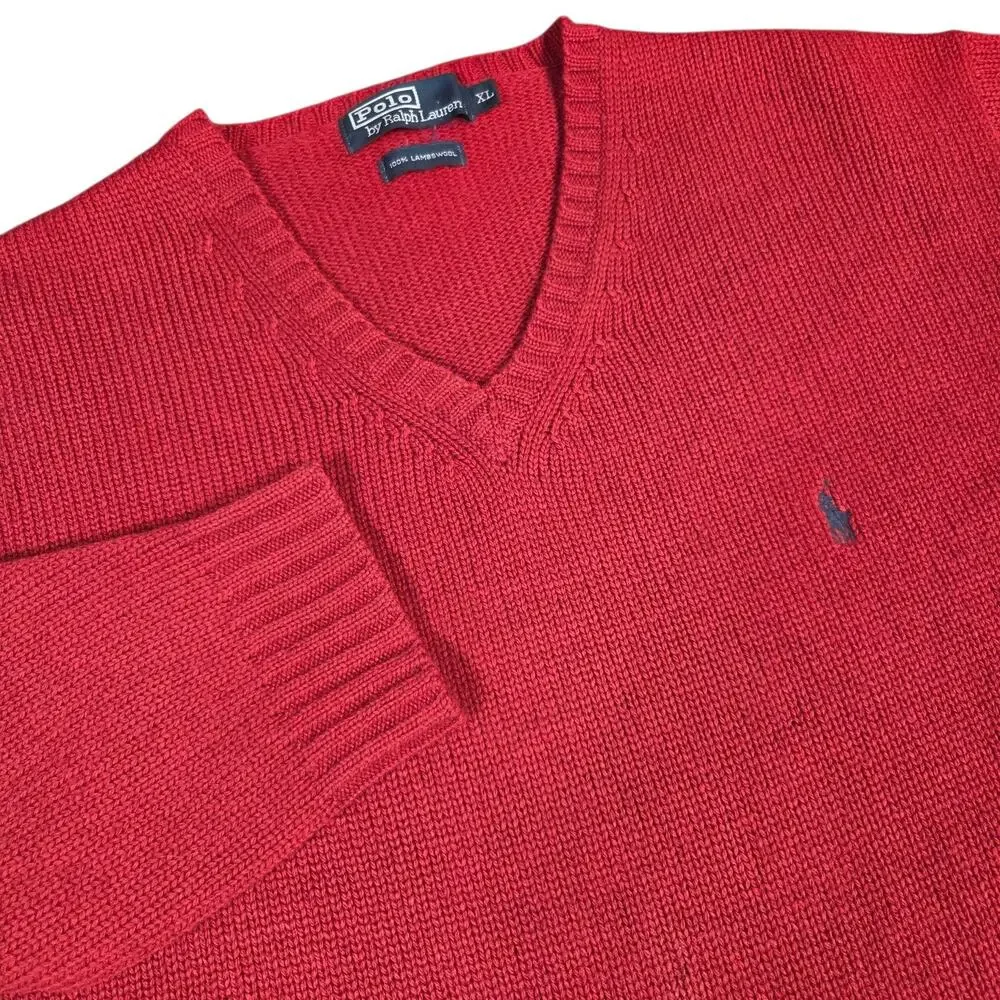 Vintage‎ Polo By Ralph Lauren Sweater Mens XL Red Lambs Wool V Neck Grandpa